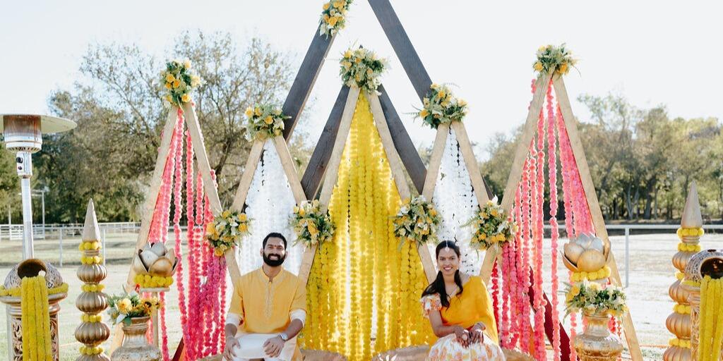 Haldi at outdoor ceremony area Indian pre wedding celebration at the Dream Ranch event venue in Dallas